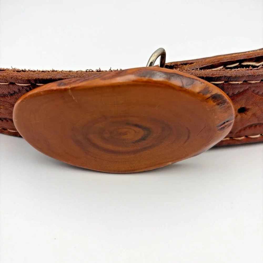 Unbranded Tooled Leather Belt Mens 42 Brown Wood Buckle Woven Western Boho